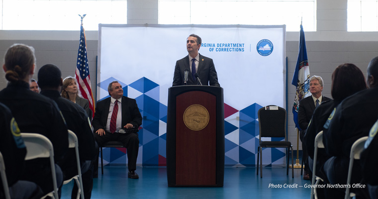 Governor Northam addresses a group of corrections officers 