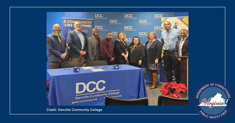 Virginia Department of Corrections and Danville Community College representative pose for group photo in unity of their new partnership.