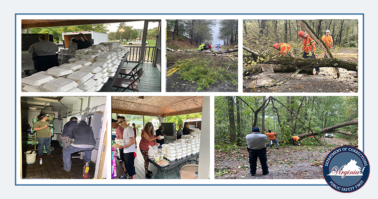 Collage of inmates, probationers, and team members helping the community in the aftermath of Hurricane Helene.